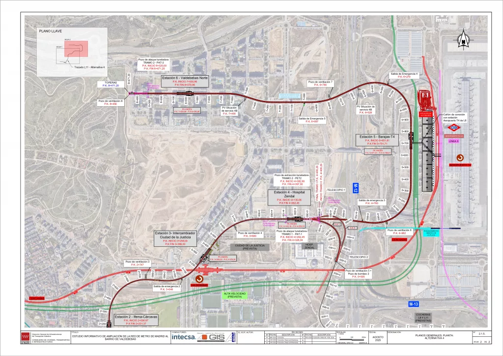 Trazado de la ampliación de la L11 de metro a Valdebebas, donde se contempla el trazado reservado para el AVE